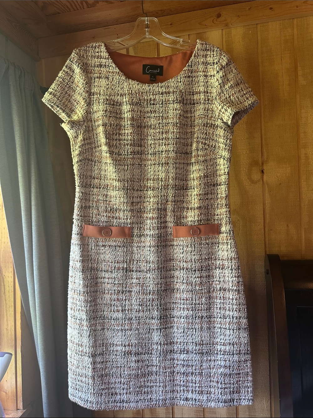 Size 8 connected apparel Neutral Multi Tweed Shift Dress with Tan Accents 8261.5